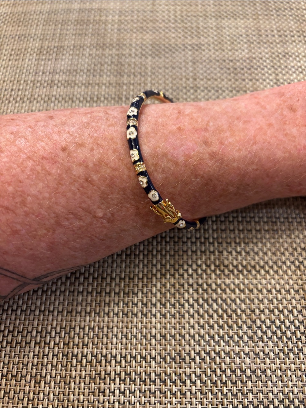 Gold and Black Floral Accent Bangle Bracelet